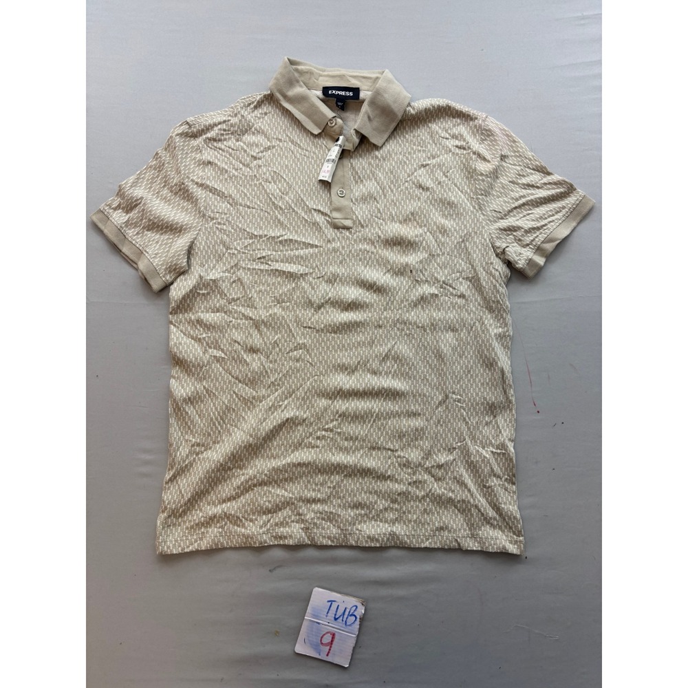 Express Mens Tan Geometric Print Short Sleeve Polo Shirt Small NWT